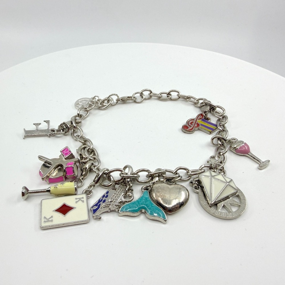 Vintage Y2K Silver Tone Multi Charm Bracelet with Enamel Heart & Cards